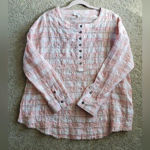 Beachlunchlounge Women's Mia Top Large Long Sleeve Pink Plaid Raw Hem - Picture 6 of 13